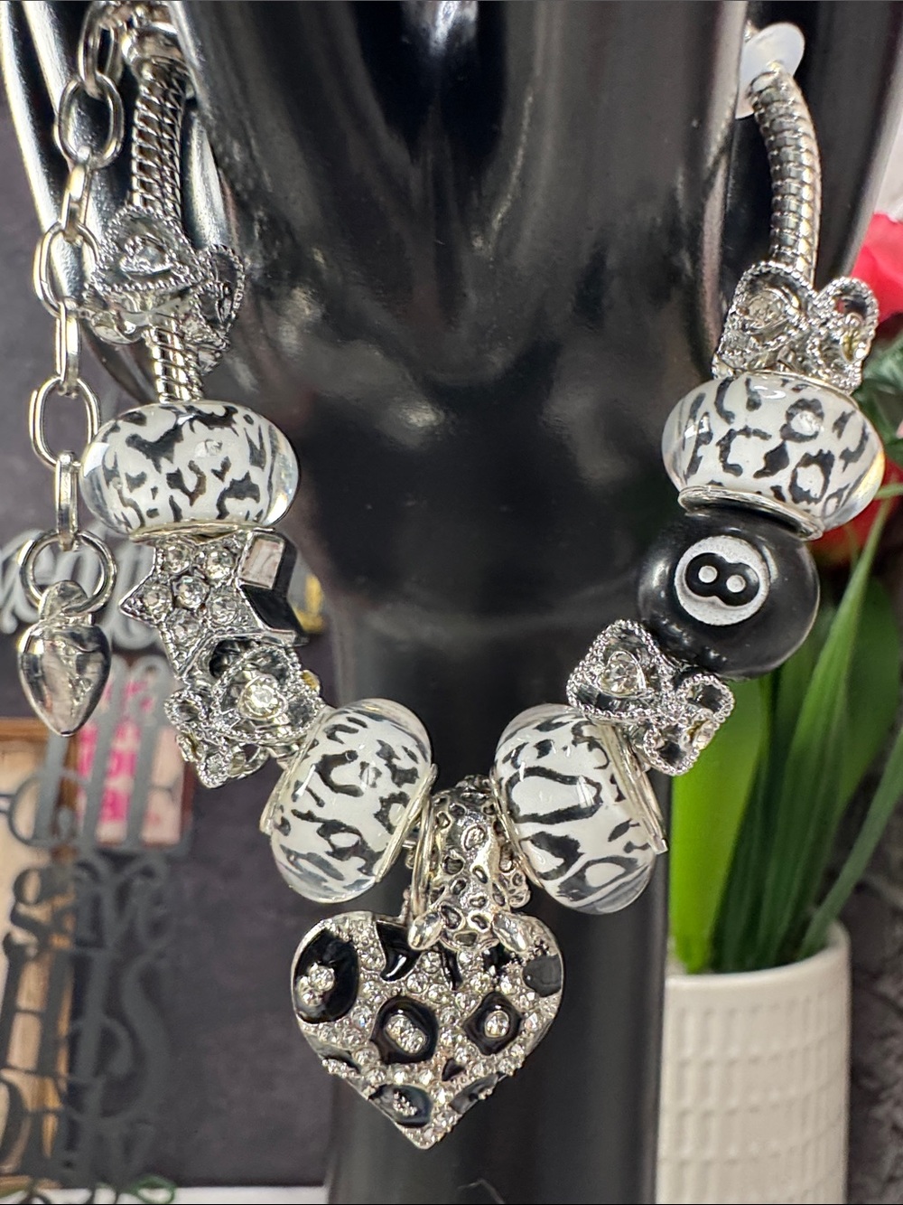 Women's Black and White Charm Bracelet with Leopard Heart Pendant